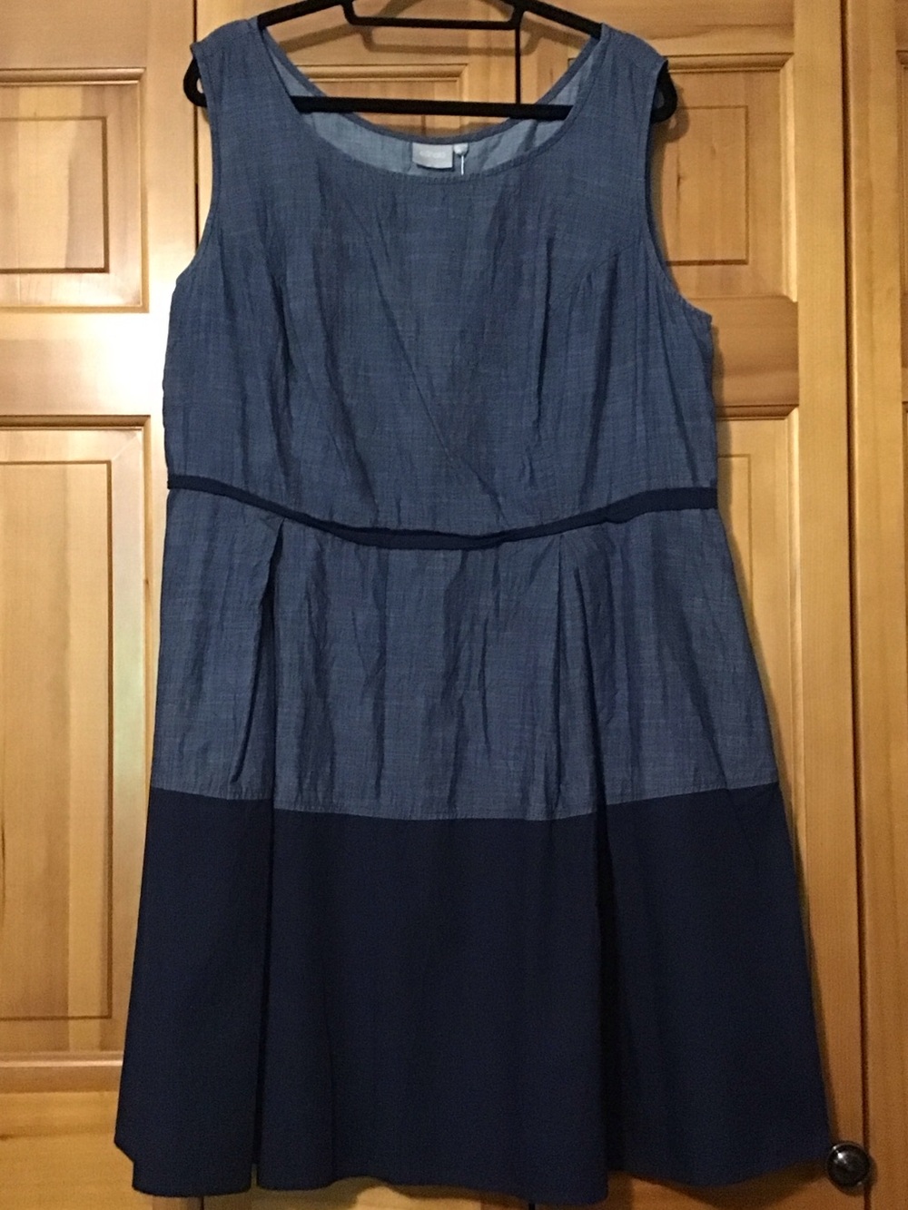 eshakti Two-Tone Chambray and Navy Sleeveless Midi Dress